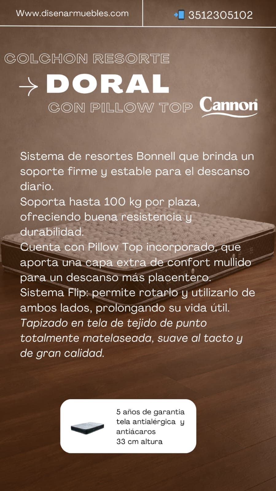 Colchón Canon Doral con Pillow Top ficha técnica
